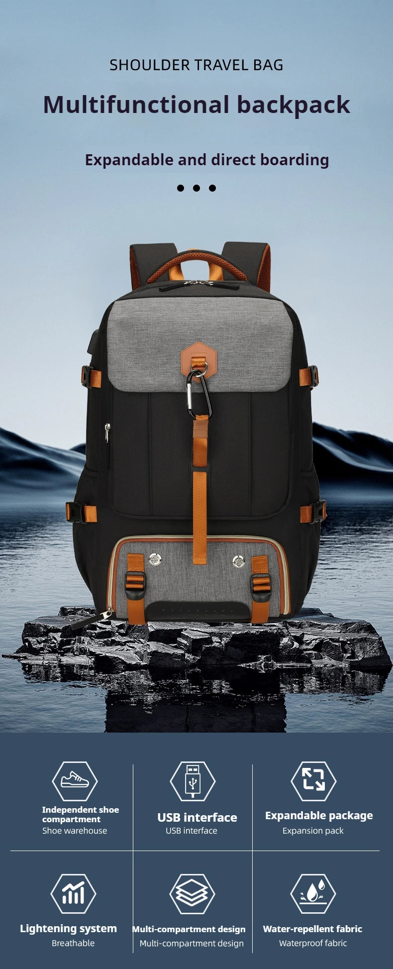 Multi purpose travel backpack with shoe compartment