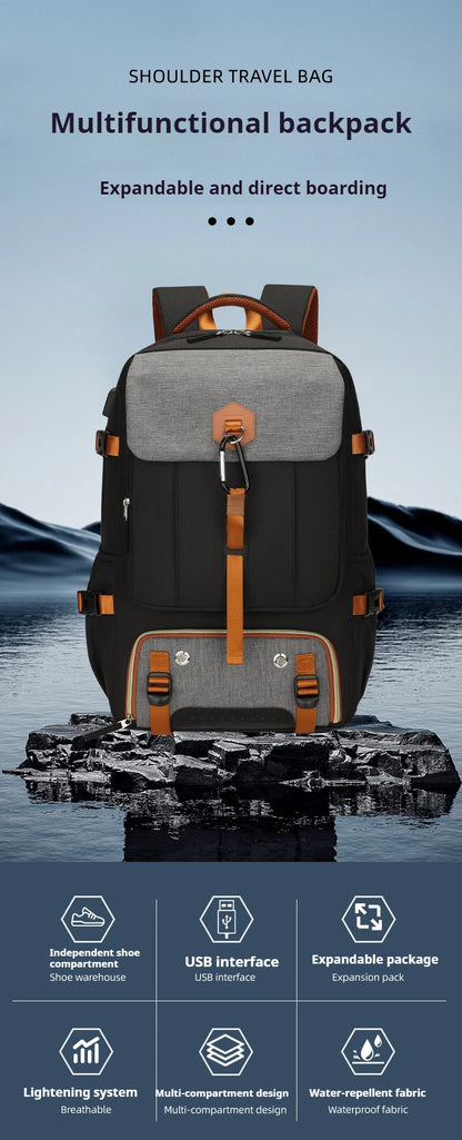 Multi purpose travel backpack with shoe compartment