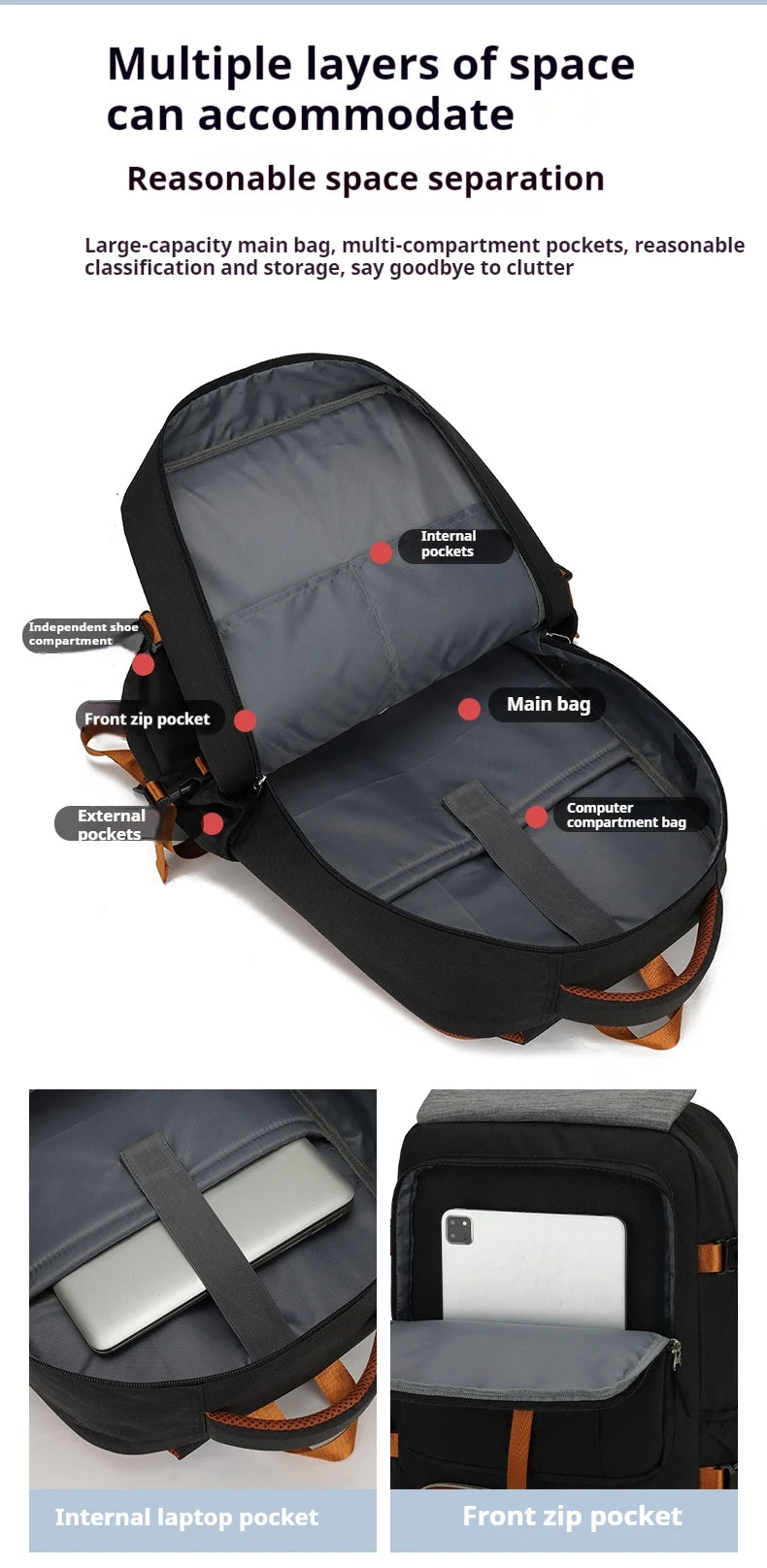 Multi purpose travel backpack with shoe compartment